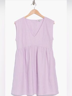 Madewell $108 NWT Relaxed Empire Waist 100% Linen Mini Dress Lilac S TTS P2P 18”